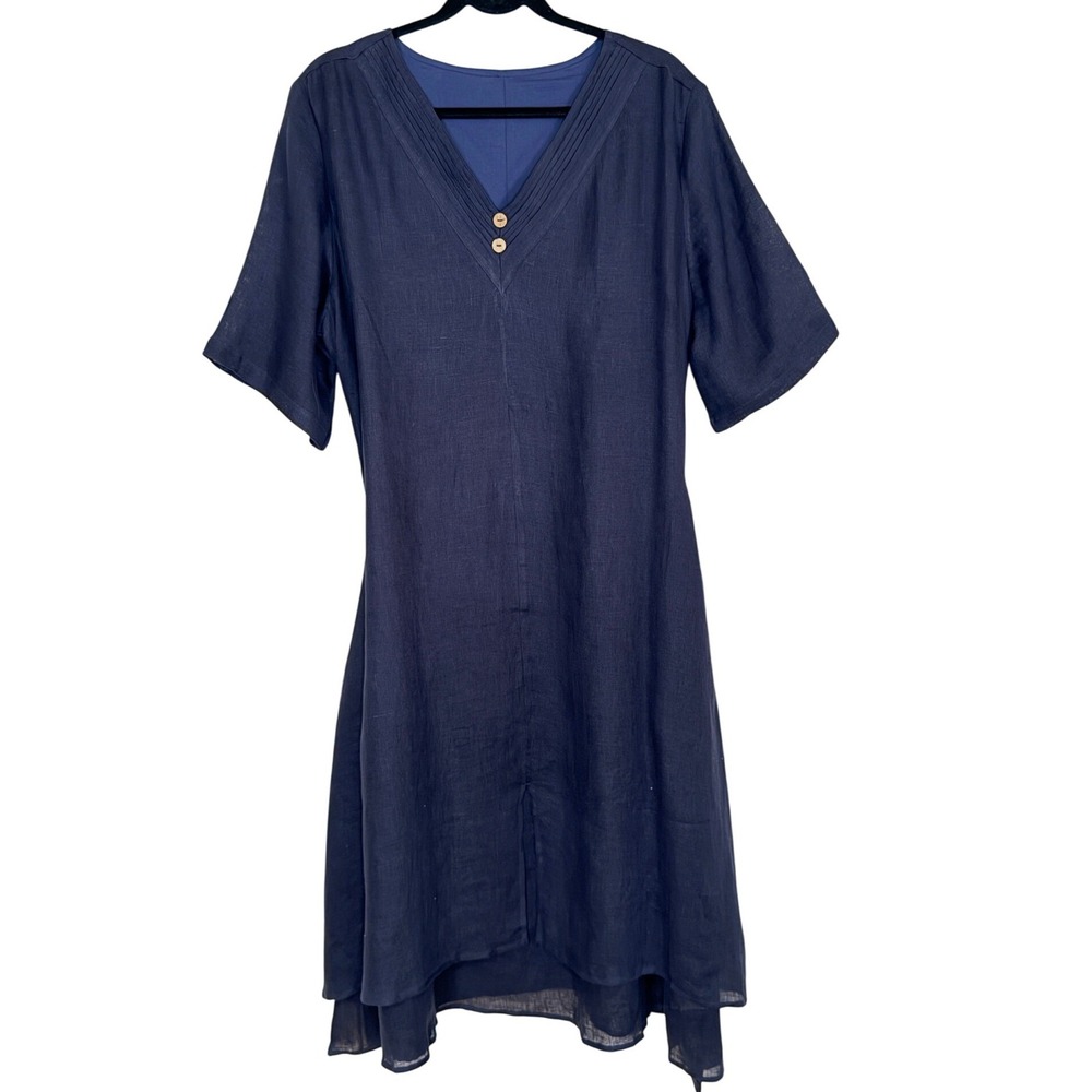 LINTICO 100% Linen VNeck Double Layer Midi Dress Boho XXL Lagenlook Lightweight